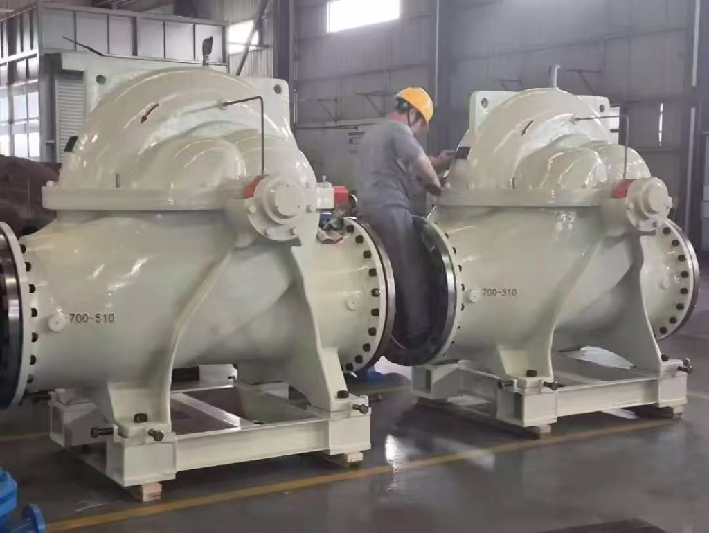 a worker is checking a split case pump