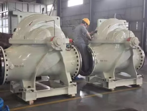 a worker is checking a split case pump